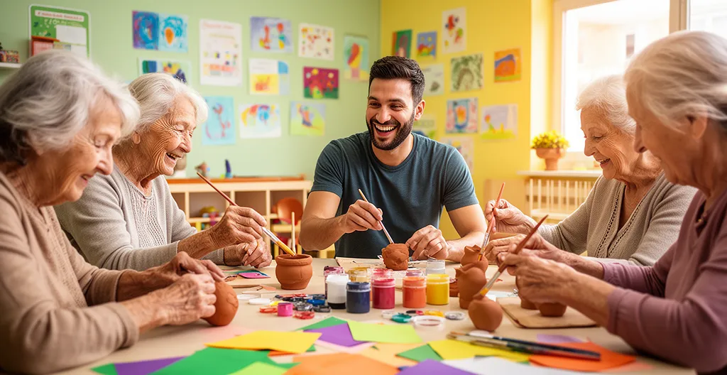 Groupe de résidents participant à un atelier créatif avec un animateur