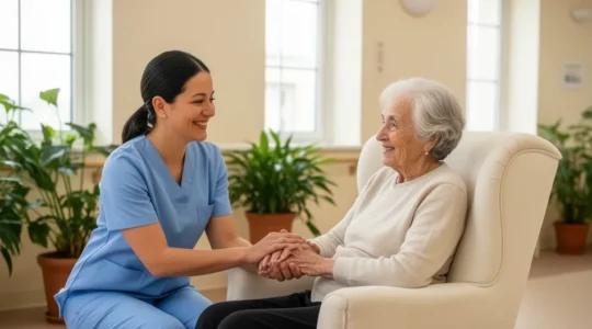 Aide-soignante souriante auprès d'une résidente âgée dans un espace de vie lumineux