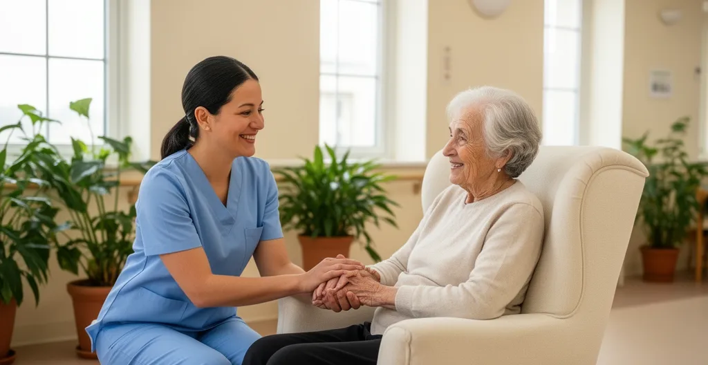 Aide-soignante souriante auprès d'une résidente âgée dans un espace de vie lumineux
