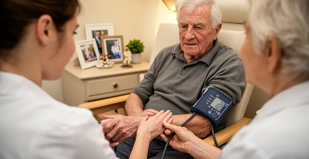 Infirmière prenant la tension d'un résident dans sa chambre personnalisée