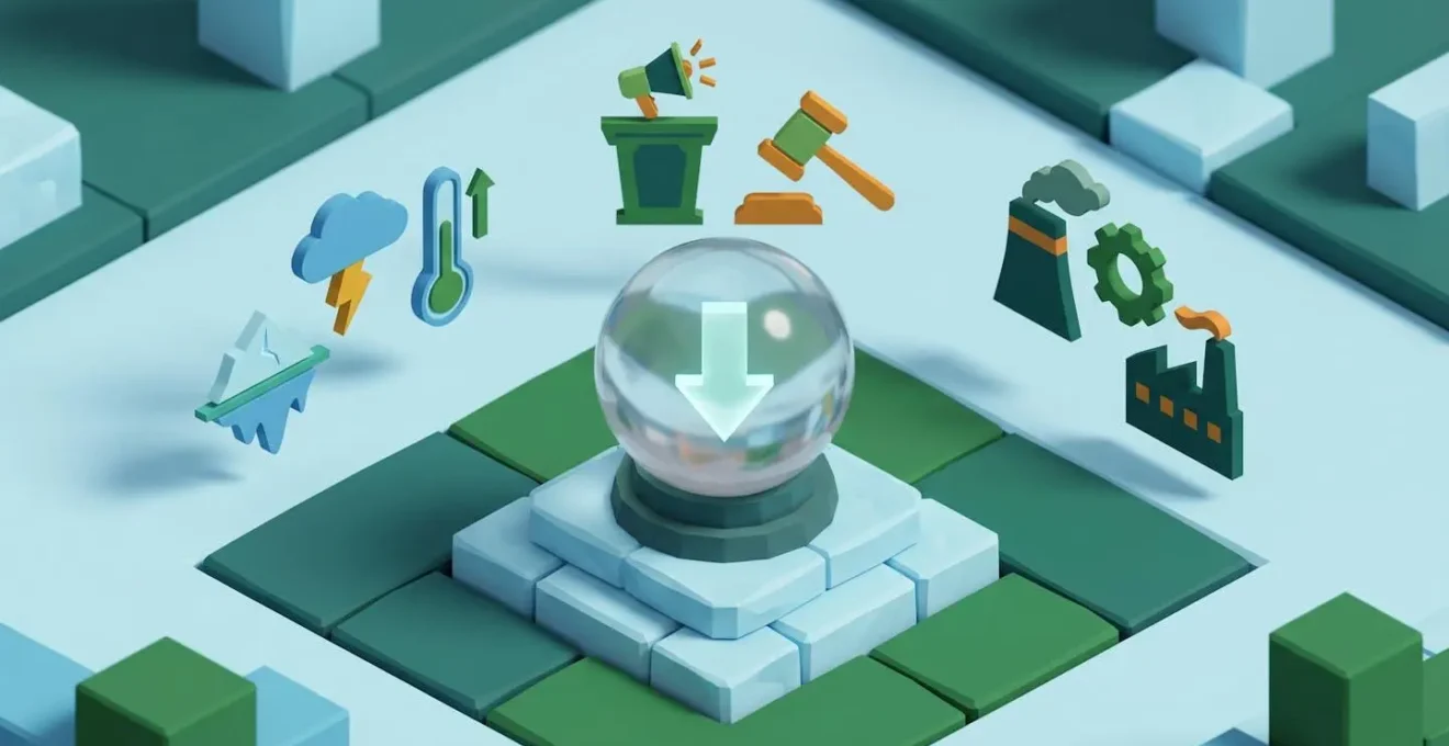 Boule de cristal isométrique entourée d'icônes représentant les facteurs d'influence du prix du gaz.