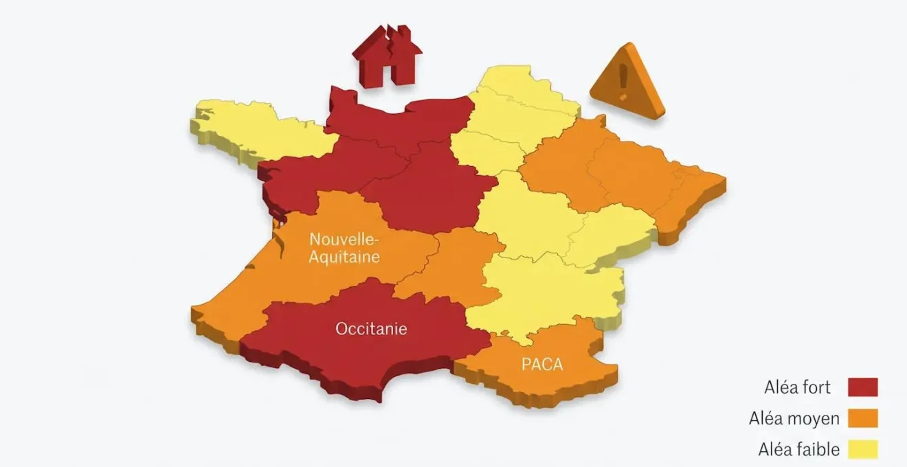 Carte de France en 3D montrant les zones d'aléa retrait-gonflement des argiles par code couleur (rouge/orange/jaune/vert) avec régions Occitanie, Nouvelle-Aquitaine et PACA en rouge.