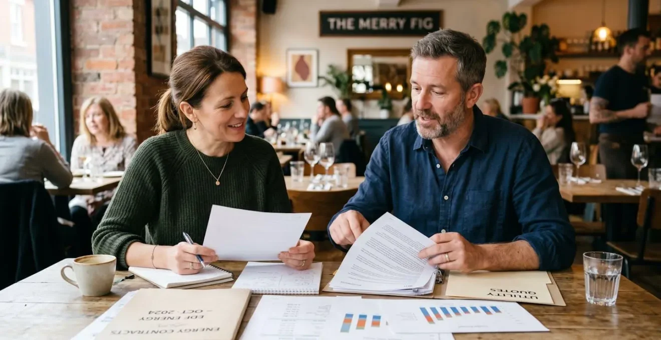 Deux restaurateurs discutant d'un contrat d'énergie autour d'une table, documents posés devant eux, ambiance lumineuse de bureau