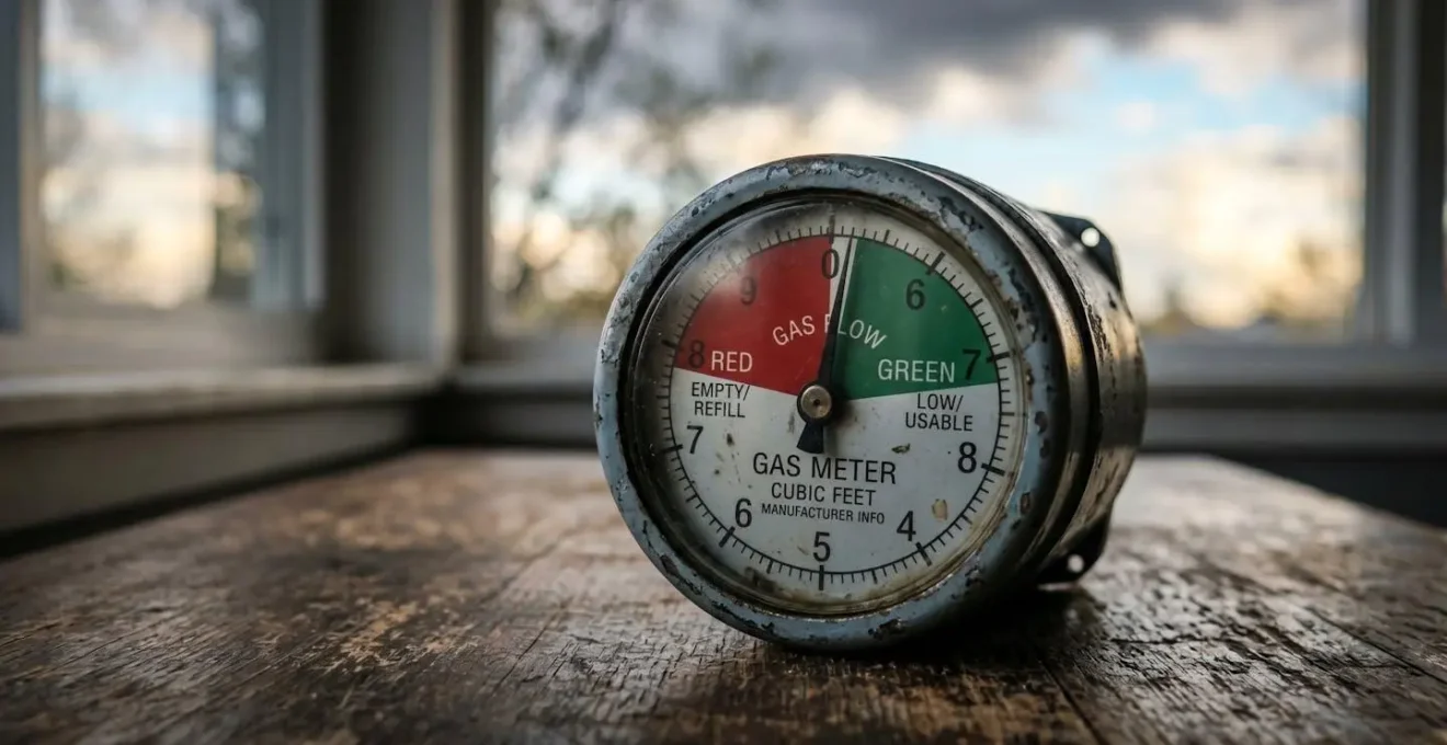 Cadran d'un compteur de gaz avec une aiguille hésitant entre rouge et vert, ciel orageux en arrière-plan.