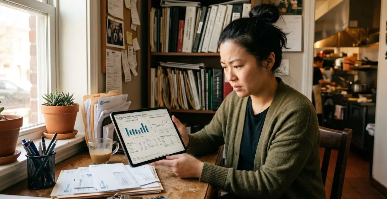 Restauratrice consultant ses factures de gaz sur une tablette dans son bureau, ambiance professionnelle calme