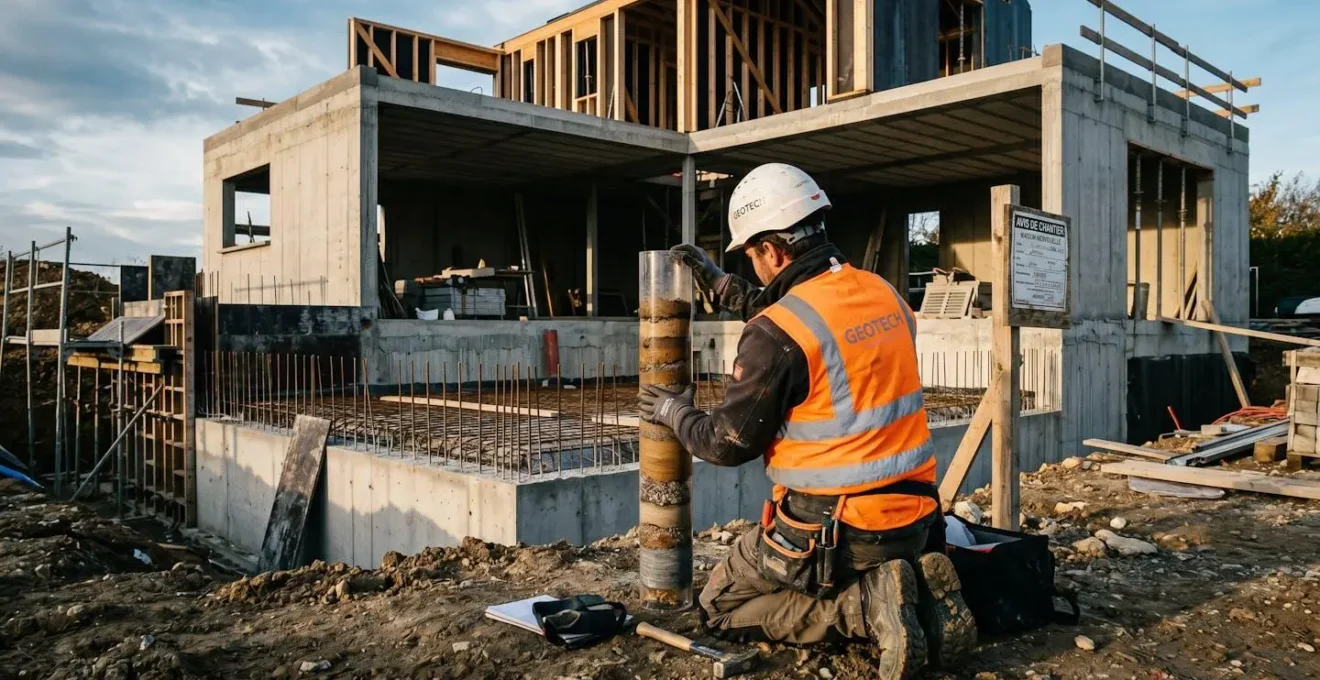 Géotechnicien examinant une carotte de sol devant une maison en construction avec fondations exposées, symbolisant l'importance de l'étude de sol avant achat immobilier.