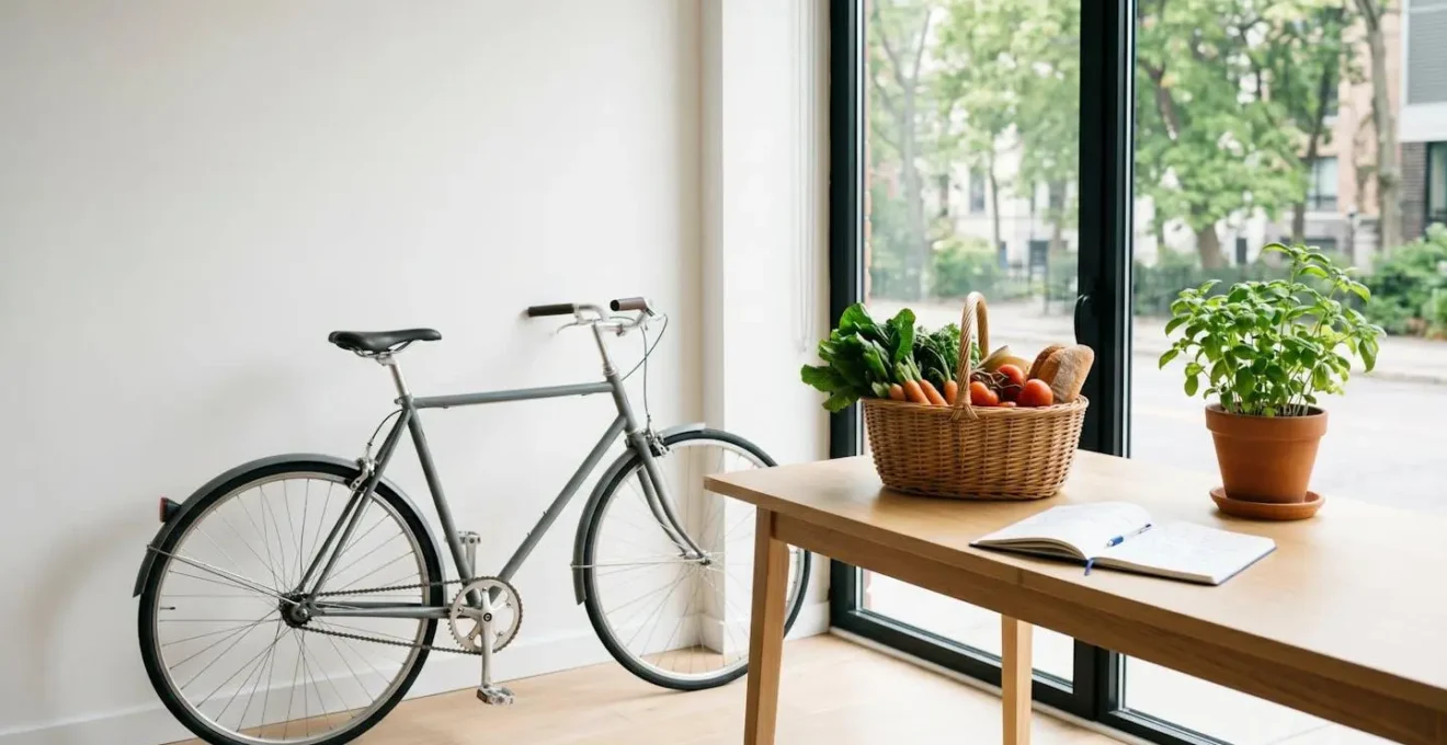 Intérieur lumineux avec vélo, panier de légumes bio, plante et carnet, illustrant un mode de vie durable.