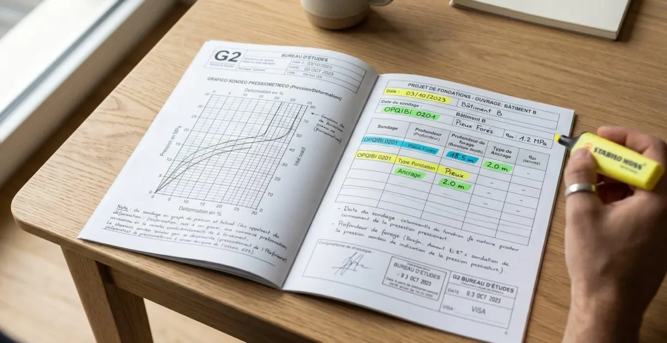 Rapport d'étude géotechnique G2 annoté avec surbrillance des 5 points critiques à vérifier (date, qualification, profondeur, fondations, ancrage).