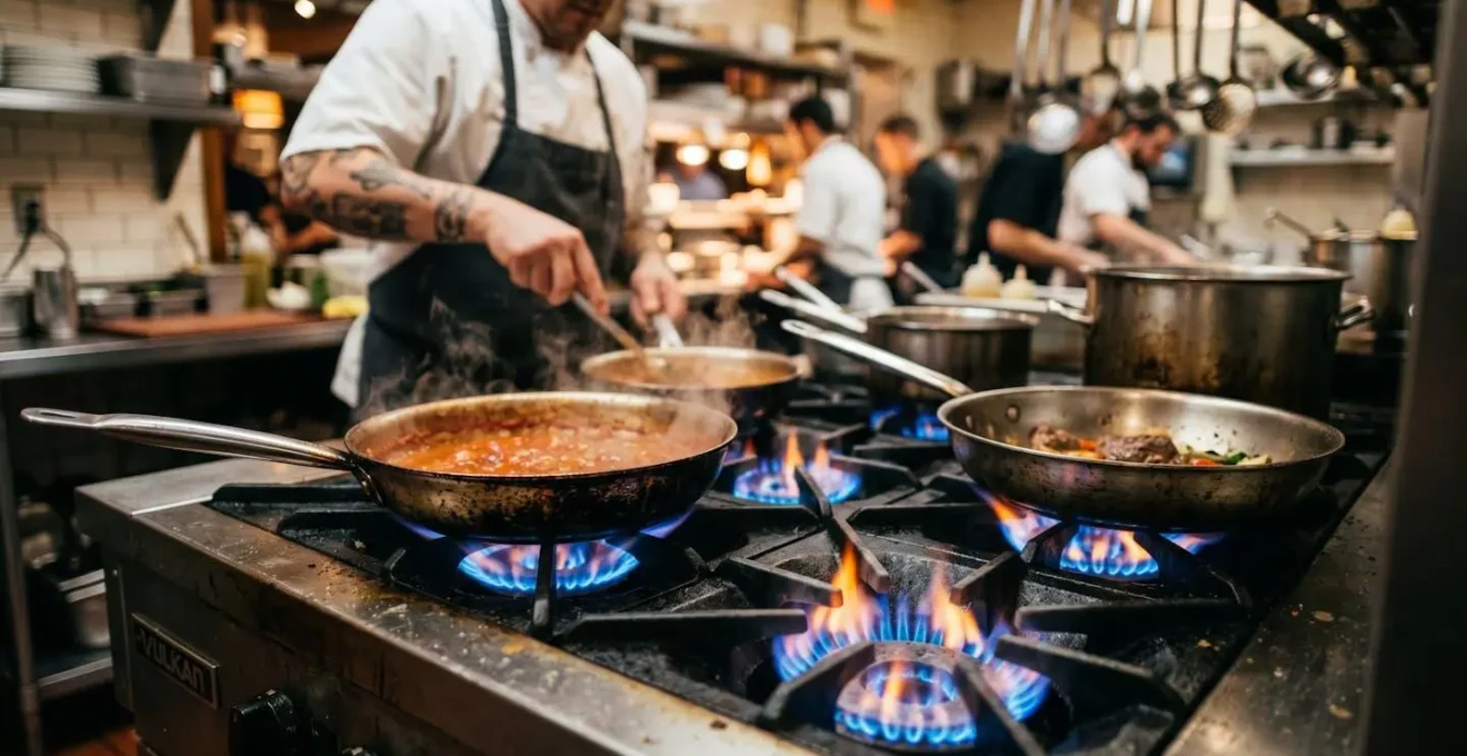 Cuisinière à gaz professionnelle allumée dans une cuisine de restaurant, plan de travail en acier inoxydable, ambiance de service