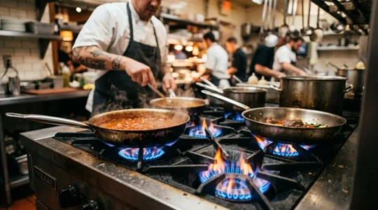 Cuisinière à gaz professionnelle allumée dans une cuisine de restaurant, plan de travail en acier inoxydable, ambiance de service