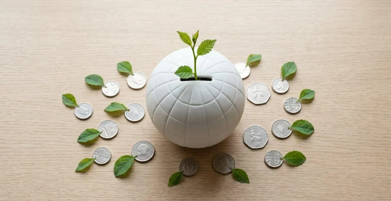 Tirelire globe terrestre avec une pousse verte symbolisant une épargne qui fait grandir la planète.