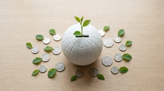 Tirelire globe terrestre avec une pousse verte symbolisant une épargne qui fait grandir la planète.