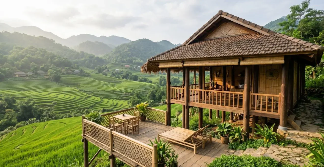 Écolodge traditionnel sur pilotis dans réserve naturelle de Pu Luong avec terrasse ouverte donnant sur rizières en terrasses et collines verdoyantes