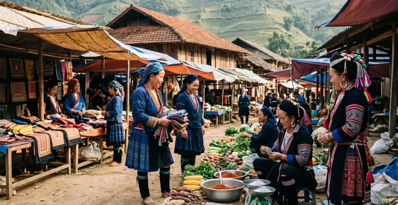Marché ethnique hebdomadaire dans village montagnard du Nord Vietnam avec femmes Hmong et Dao en costumes traditionnels vendant produits locaux