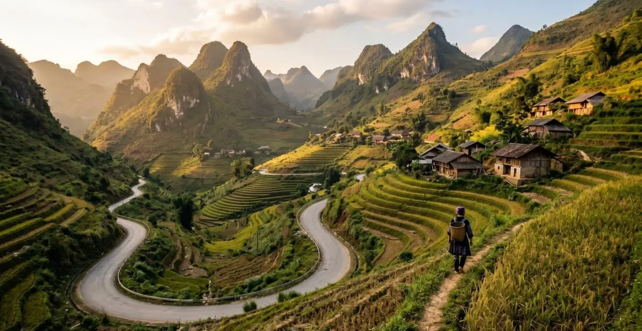 Vallée montagneuse de Ha Giang au Vietnam avec rizières en terrasses étagées, villages traditionnels et route sinueuse traversant paysage karstique sous lumière dorée
