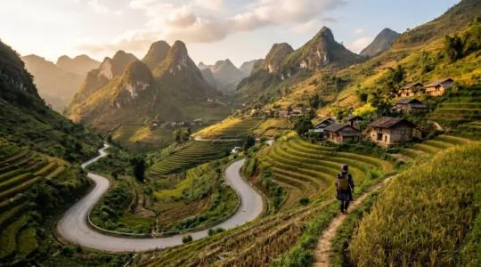 Vallée montagneuse de Ha Giang au Vietnam avec rizières en terrasses étagées, villages traditionnels et route sinueuse traversant paysage karstique sous lumière dorée