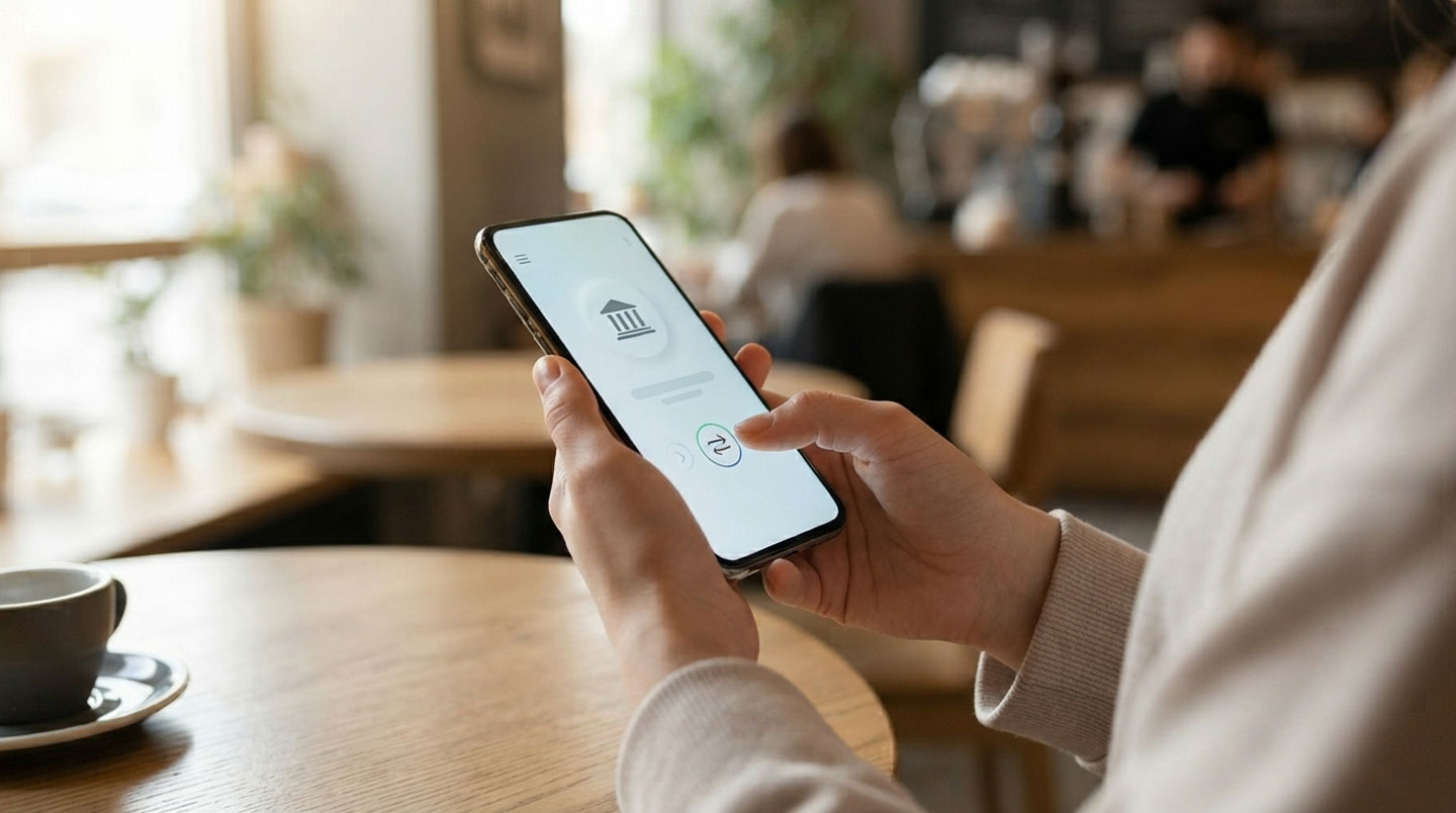 Personne utilisant une application bancaire mobile pour initier un transfert de livret A avec interface claire en français