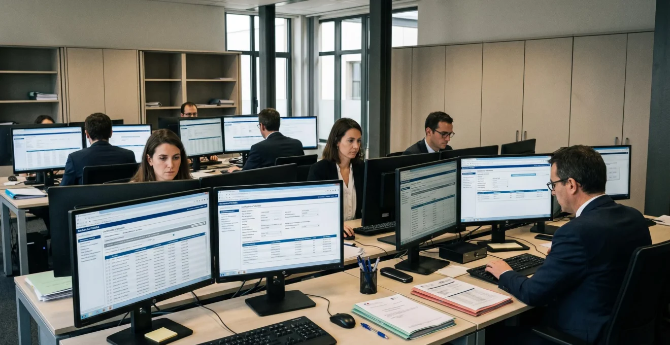 Bureau de contrôle bancaire avec écrans affichant le système de vérification FICOBA pour les comptes d'épargne