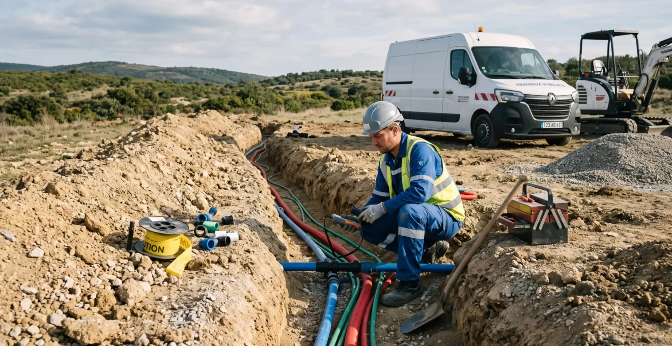 Chantier de viabilisation avec technicien contrôlant les raccordements de réseaux sur terrain isolé, matériel de chantier et tranchées visibles