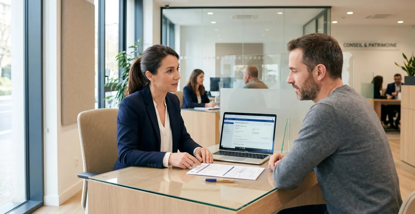 Conseiller bancaire assistant un client pour un transfert de livret A dans une agence bancaire moderne avec documents et interface numérique visibles
