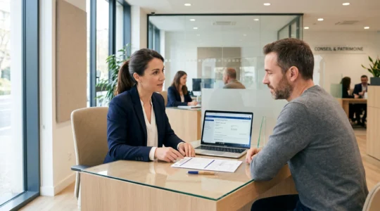Conseiller bancaire assistant un client pour un transfert de livret A dans une agence bancaire moderne avec documents et interface numérique visibles