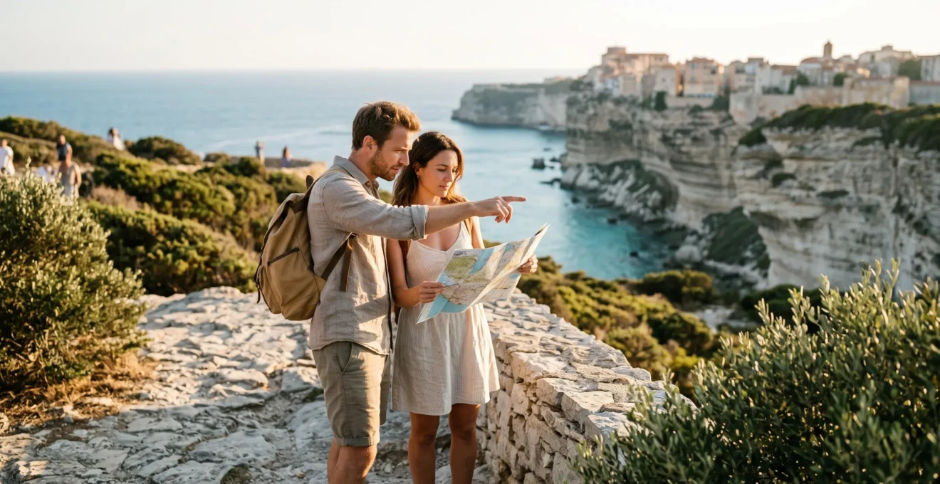 Un couple consulte une carte routière sur un point de vue surplombant les falaises de Bonifacio en Corse du Sud.