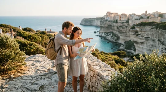 Un couple consulte une carte routière sur un point de vue surplombant les falaises de Bonifacio en Corse du Sud.