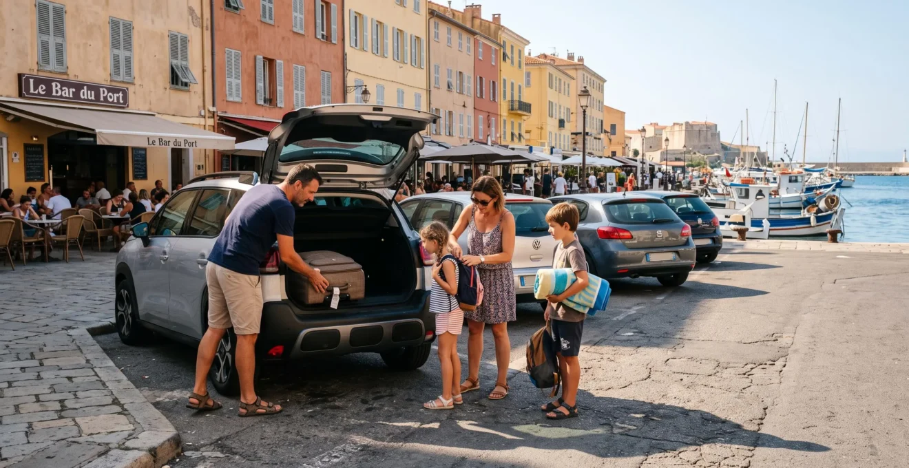 Une famille charge ses bagages dans une voiture de location sur le front de mer d'Ajaccio.