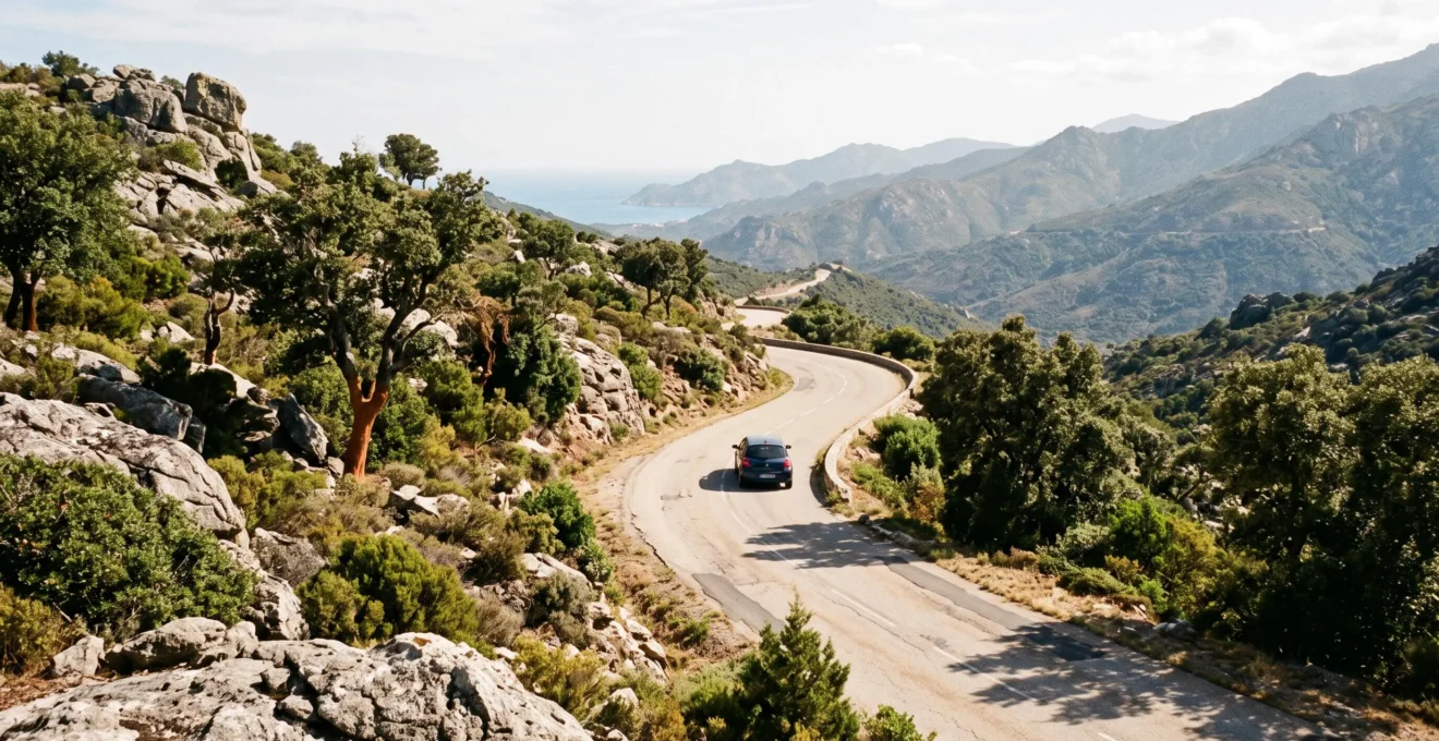 Une voiture suit une route sinueuse de montagne bordée de maquis dans le sud de la Corse.