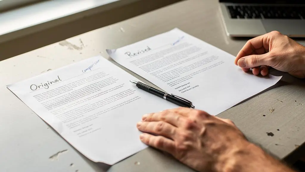 Des mains comparent deux documents bancaires posés sur un bureau.