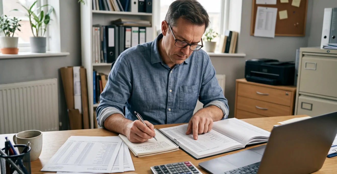 Une comptable compare un relevé bancaire papier avec un grand livre comptable.