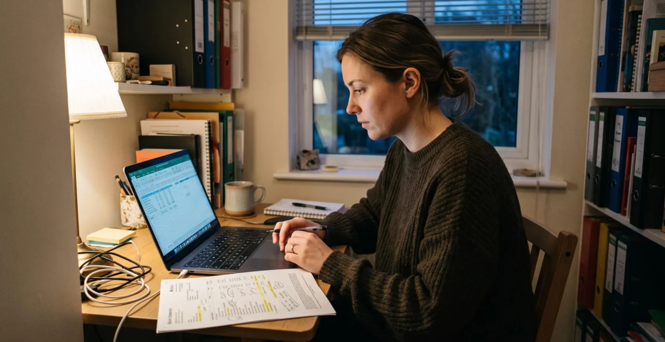 Un dirigeant corrige une écriture sur ordinateur portable avec un relevé imprimé à côté.