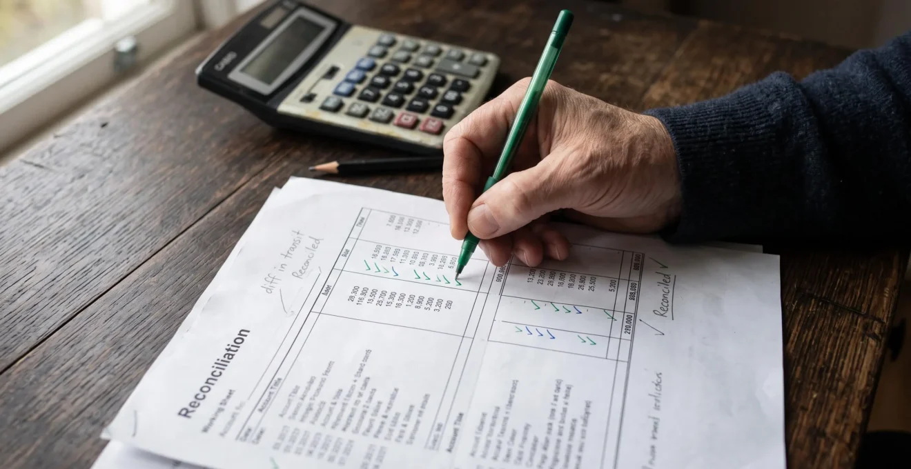 Une main coche les lignes rapprochées sur un document de travail annoté.