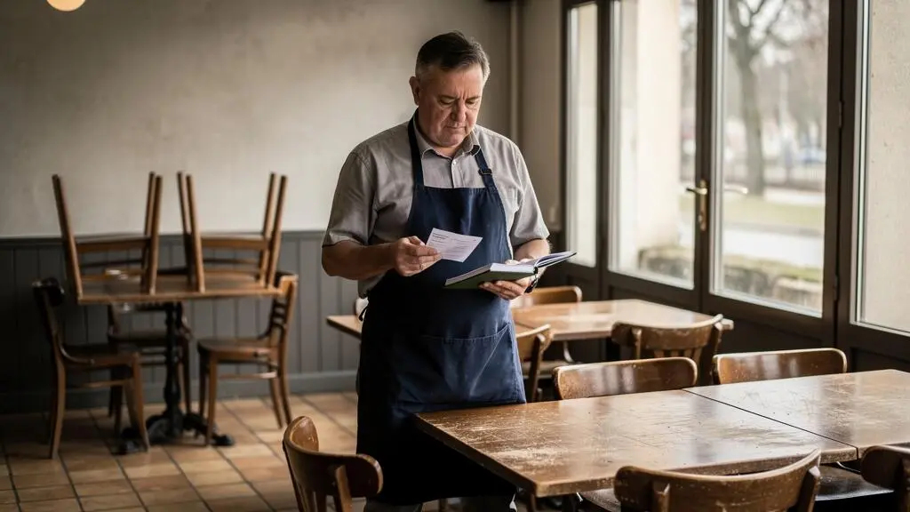 Un gérant de café quasi vide consulte un relevé bancaire pendant la basse saison.
